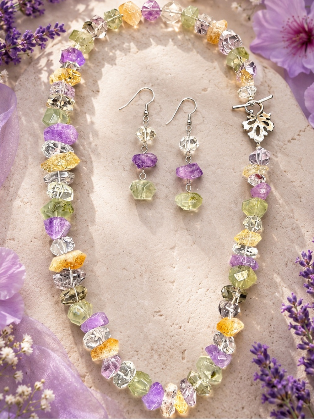 Raw Gemstone w/925 Sterling Silver Oak Leaf Toggle Clasp Necklace & Earrings